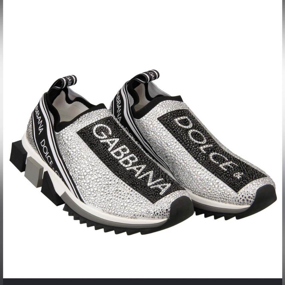 Dolce & Gabbana Silver and Black Crystal Slip-On Logo Sneakers. SEE VIDEO!
